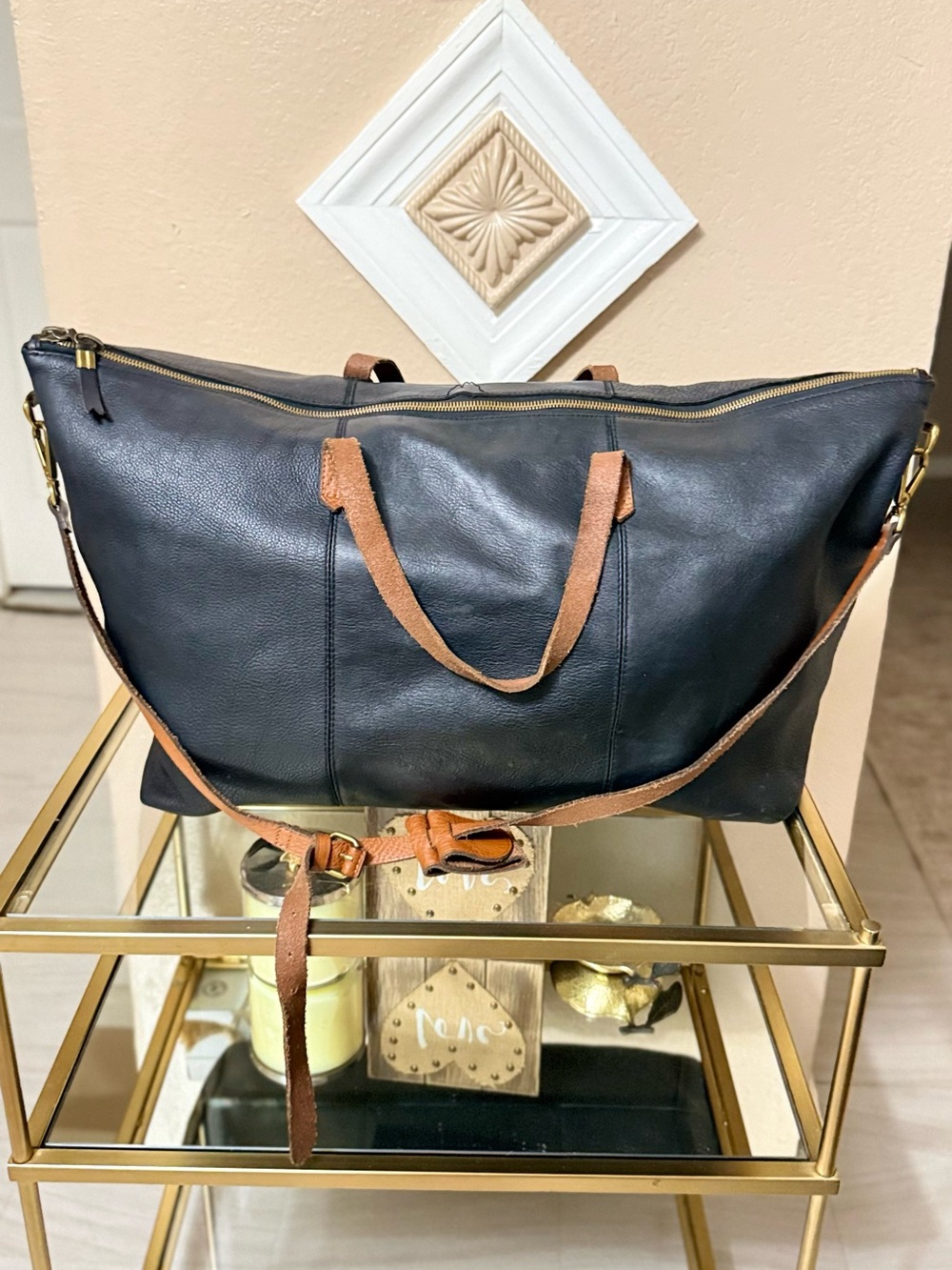 Madewell Black Leather Duffel with Tan Straps